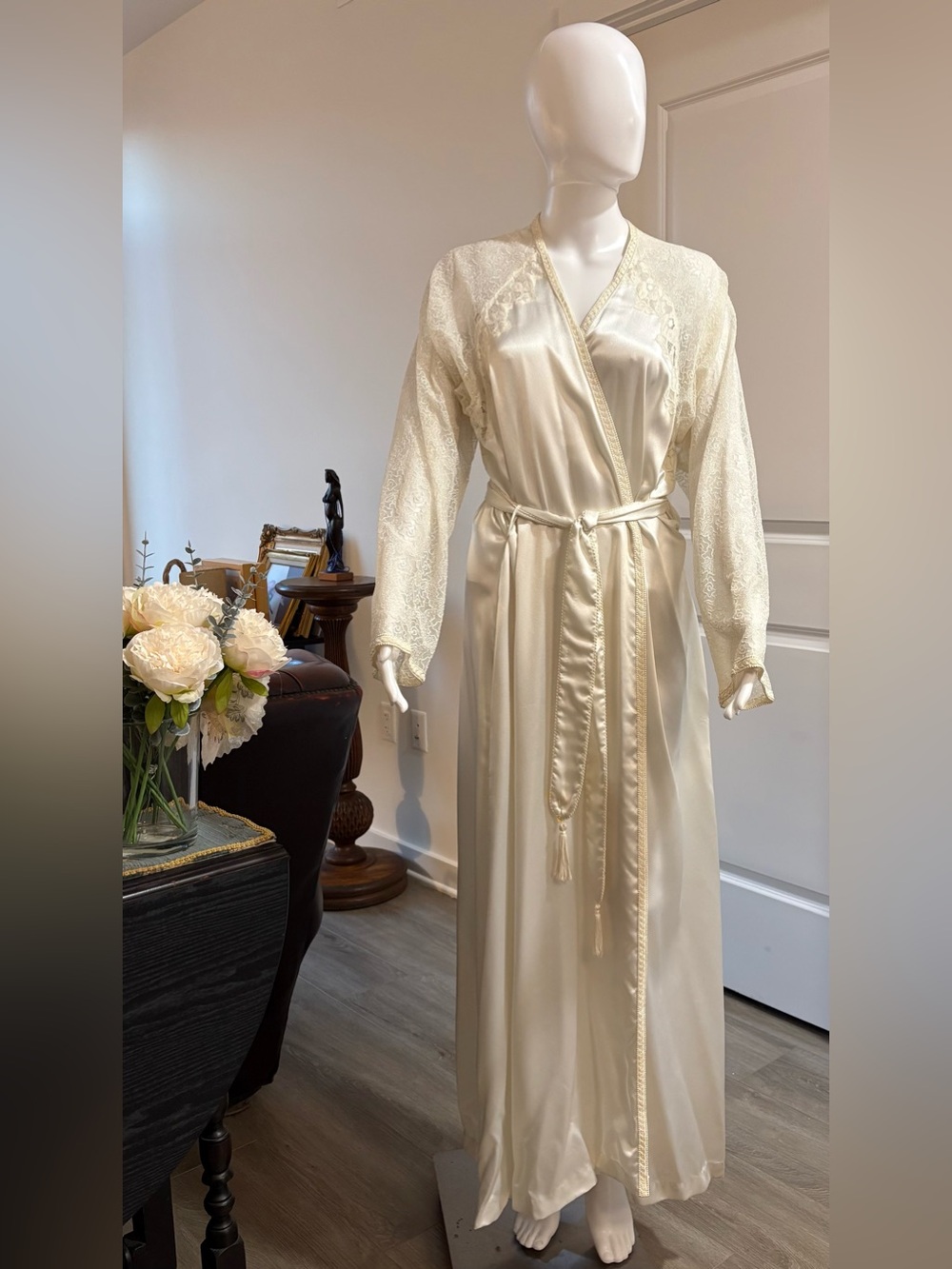 Dior Ivory Satin Lace-Trim Long Robe with Tie Belt